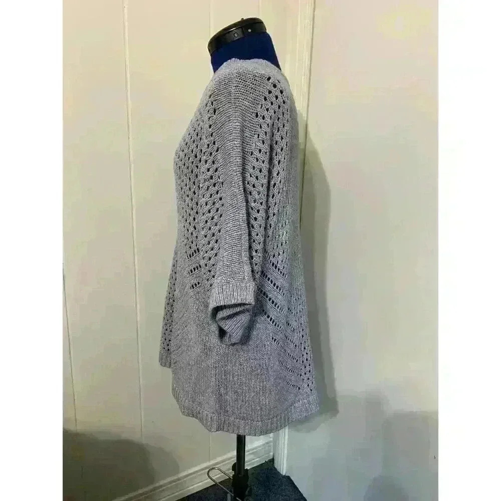 Purejill Womens Gray Cotton Short Sleeve Open knit Sweater Size large Lagenlook - Picture 2 of 10